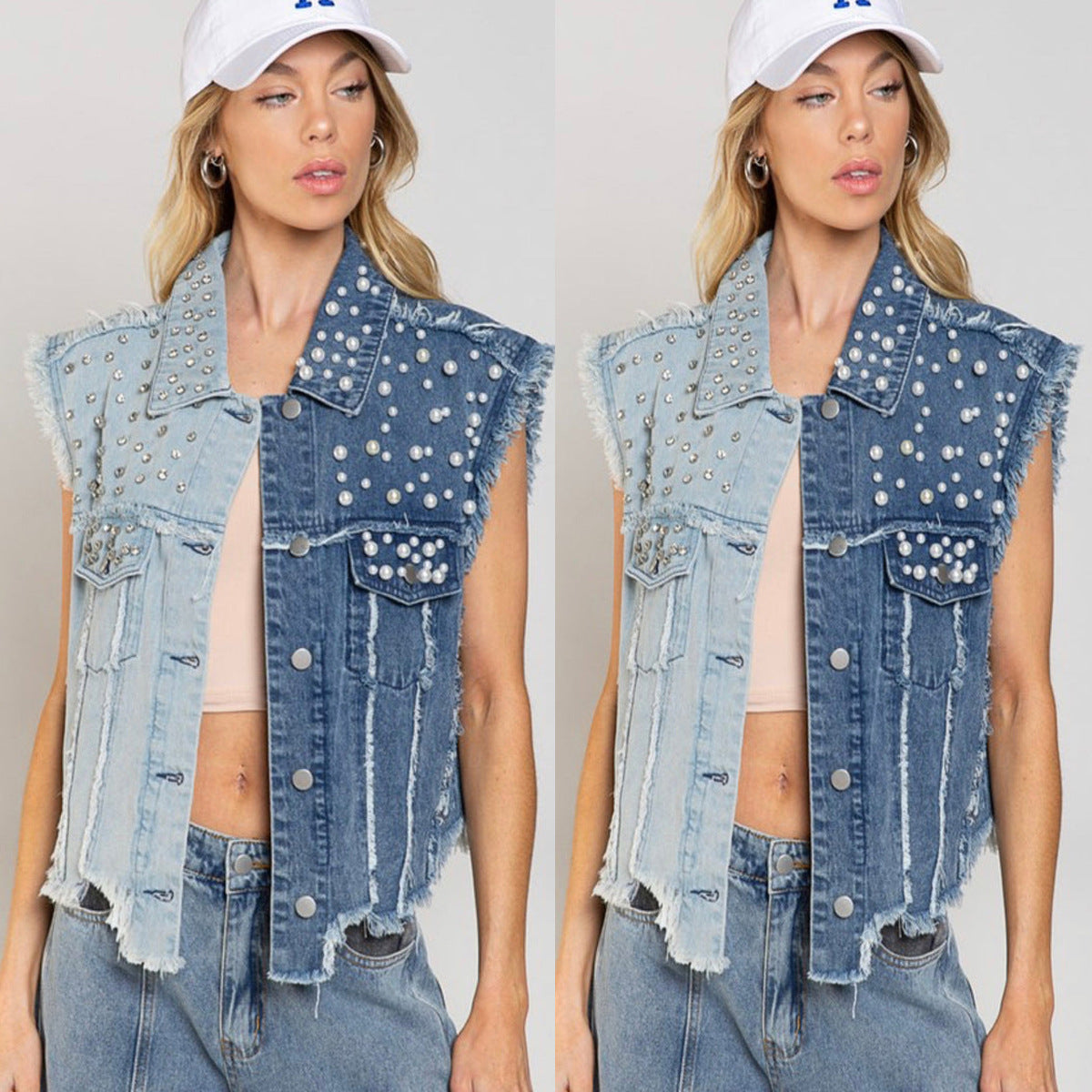 Valeria | Gilet corto donna in cotone denim con perline