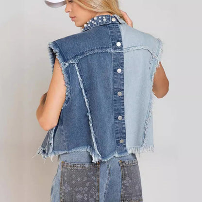 Valeria | Gilet corto donna in cotone denim con perline